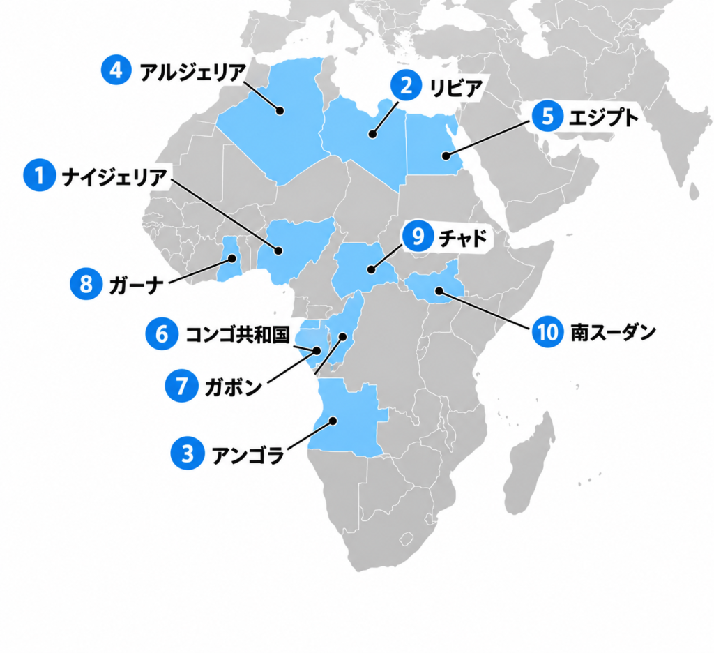 原油生産量が多いアフリカ諸国のマップ