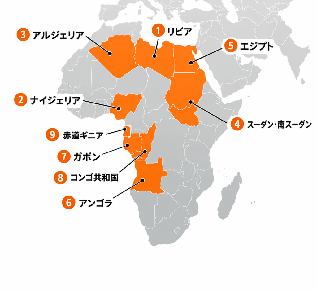 原油埋蔵量が多いアフリカ諸国のマップ